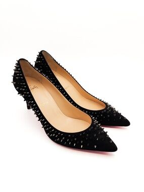 Christian Louboutin Black Suede Pointed-Toe Spiked Mid-Heel Pumps EU 38
